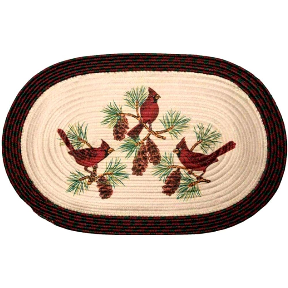 Red Cardinals Braided Oval Rug Bird Pinecone Christmas Holiday 20 x 30-in Gift